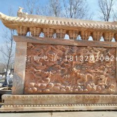 九龙影壁雕塑,晚霞红石雕影壁
