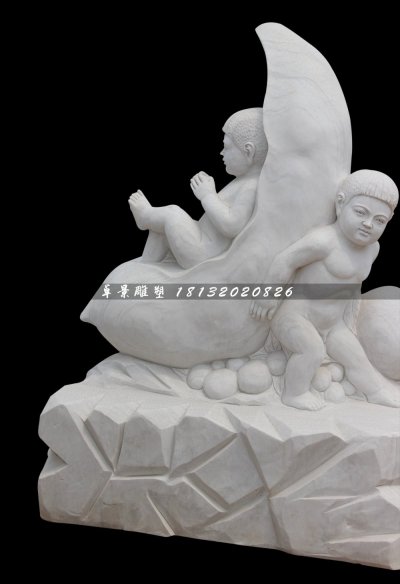 汉白玉小孩游戏石雕，公园小品石雕 (3)