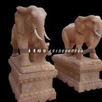 大象石雕，晚霞红大象雕塑，企业门口大象雕塑