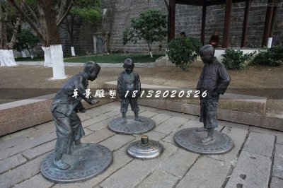 小孩玩陀螺铜雕，公园小品铜雕