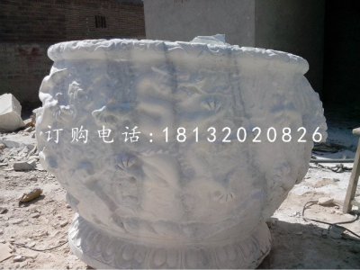 双龙戏珠石水盆汉白玉水缸石雕 (1)