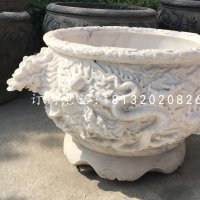 龙浮雕水缸，圆形石水缸