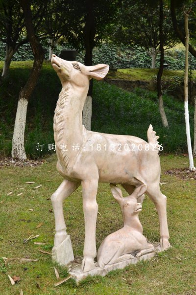 晚霞红母子小鹿公园动物石雕