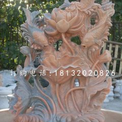 鲤鱼荷花石雕,晚霞红石雕