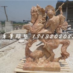 西方人物骑马石雕,晚霞红景观石雕