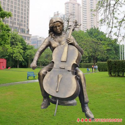 玻璃钢仿铜拉大提琴的女孩雕塑