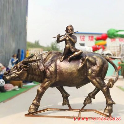 吹笛的牧童雕塑 玻璃钢仿铜牧童牛
