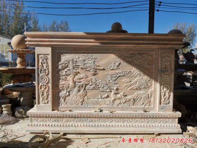 晚霞红石雕松鹤鹿壁画浮雕