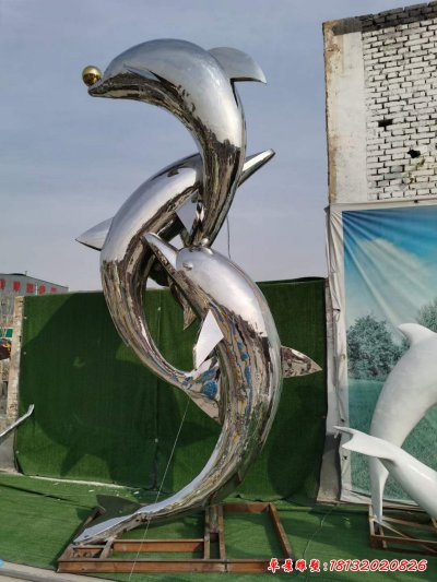 不锈钢海豚戏球雕塑 (2)