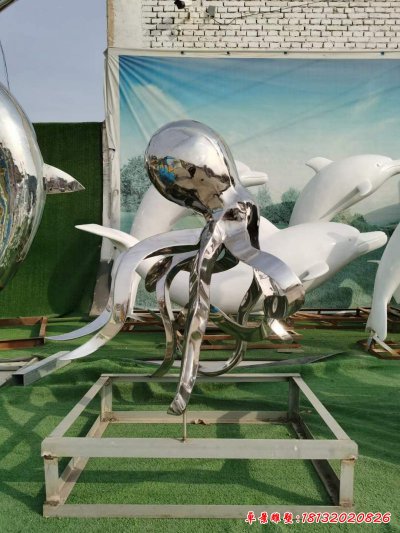 不锈钢海豚戏球雕塑 (1)